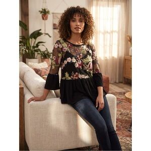 Chic Black Floral Mesh Blouse